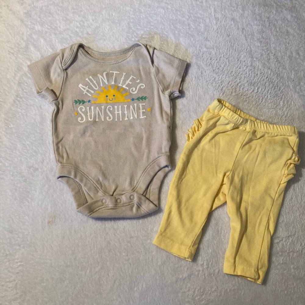 Old Navy 0-3 Months Auntie’s Sunshine Bodysuit and Yellow pants w/ ruffles